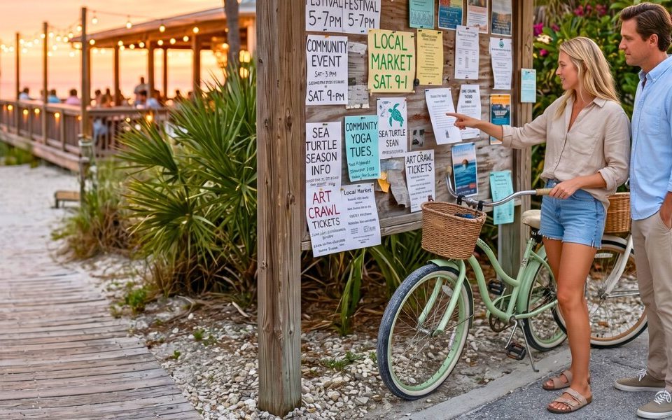 Couple viewing local event board near Anna Maria Island waterfront at sunset.