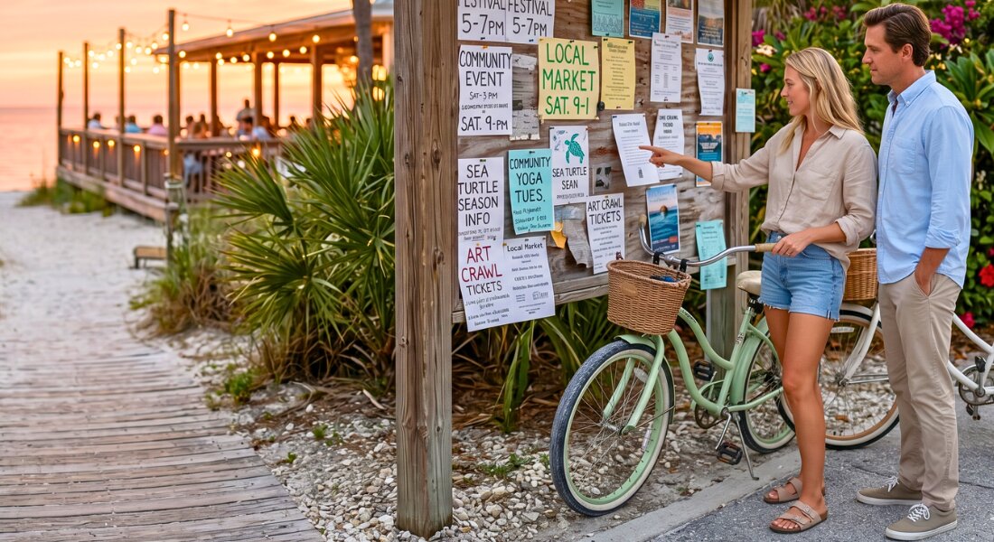 Couple viewing local event board near Anna Maria Island waterfront at sunset.