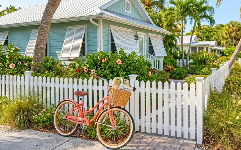 Charming Anna Maria Island cottage along a quiet palm lined neighborhood street.