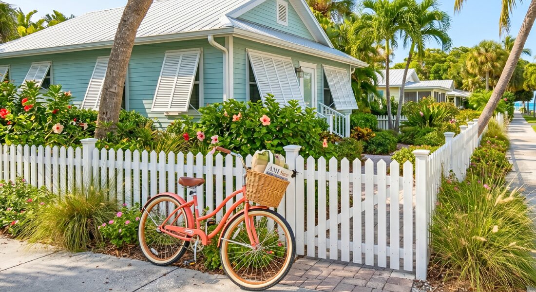 Charming Anna Maria Island cottage along a quiet palm lined neighborhood street.