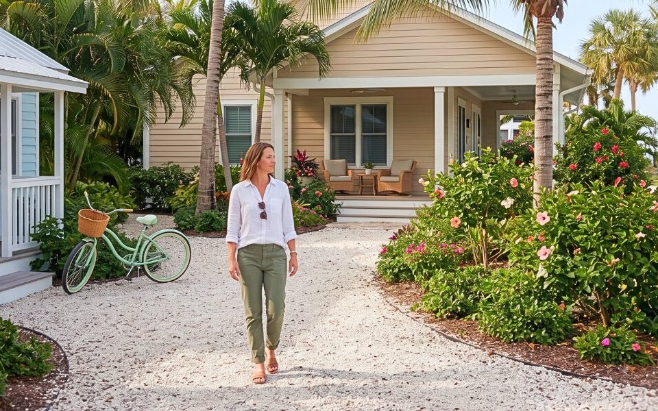 Homeowner standing on a coastal pathway leading from a vacation cottage toward full time island living.