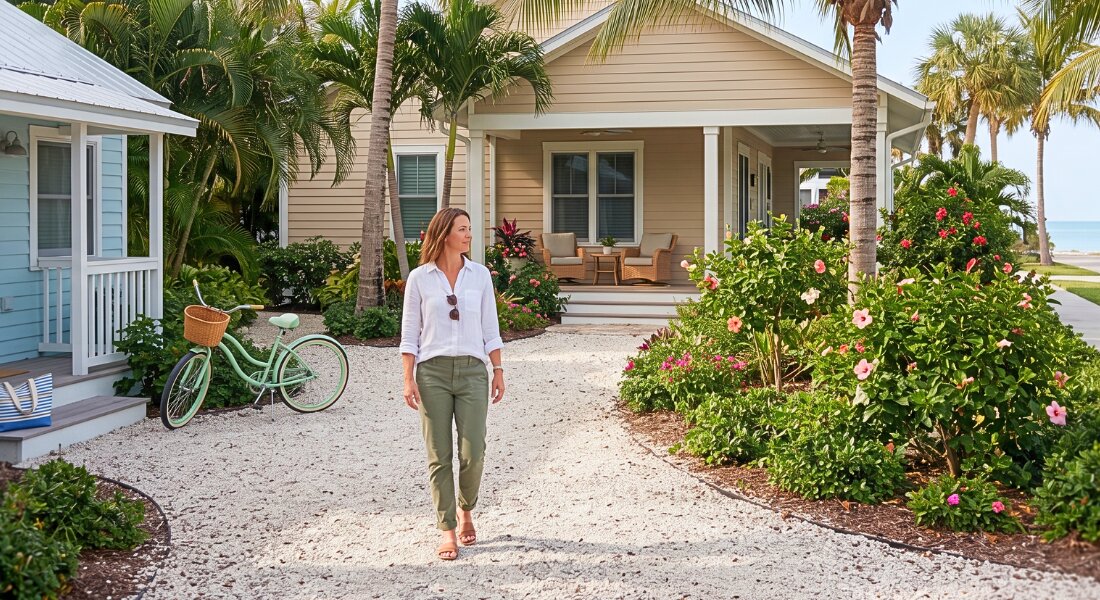 Homeowner standing on a coastal pathway leading from a vacation cottage toward full time island living.