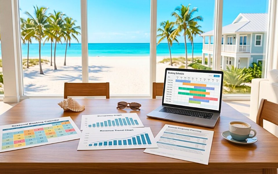 Seasonal rental calendar and revenue planning displayed inside an Anna Maria Island vacation home overlooking the beach.