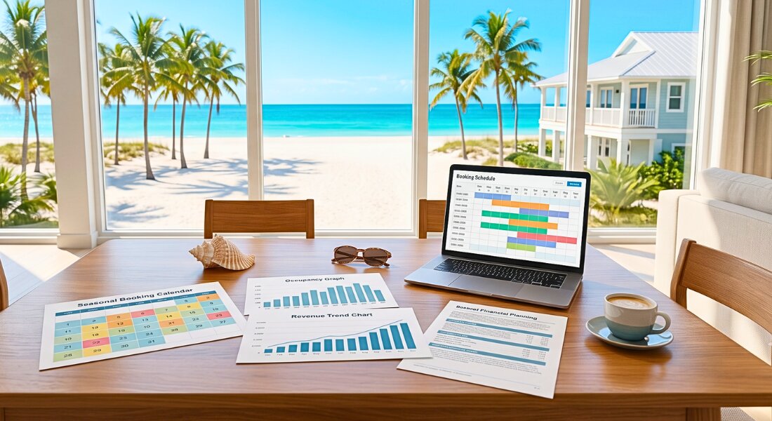 Seasonal rental calendar and revenue planning displayed inside an Anna Maria Island vacation home overlooking the beach.