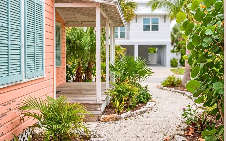 Historic Florida cottage naturally frames a modern coastal home in a peaceful Anna Maria Island neighborhood.