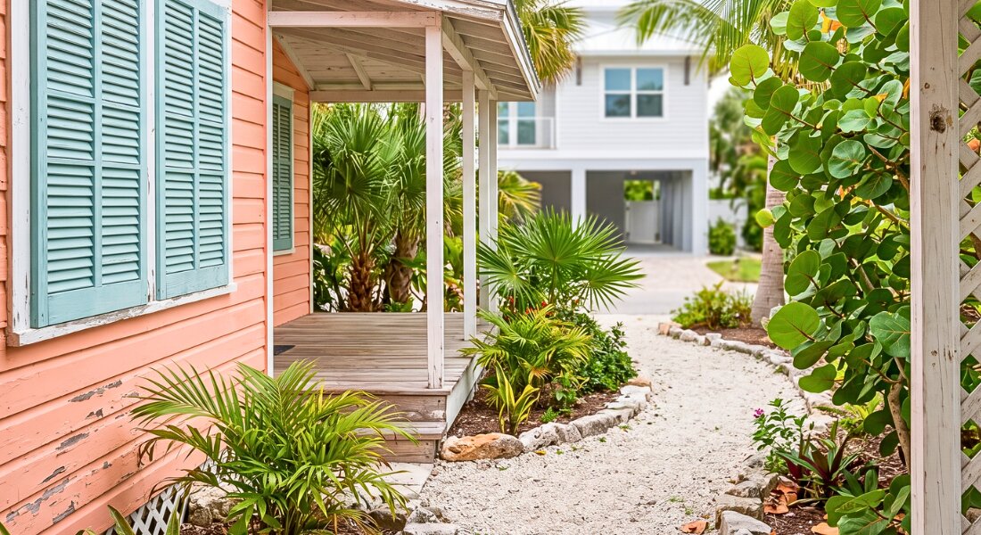 Historic Florida cottage naturally frames a modern coastal home in a peaceful Anna Maria Island neighborhood.