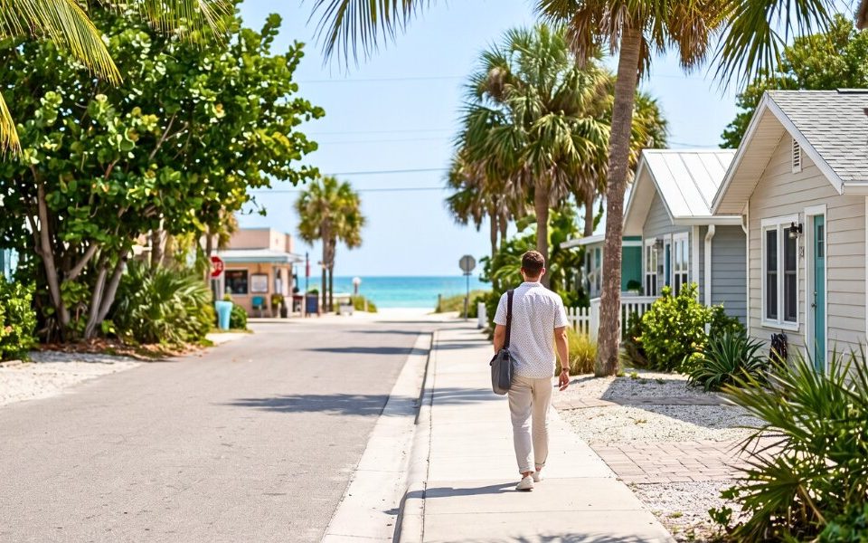 A remote professional walks toward the Gulf along a quiet Bradenton Beach neighborhood street.