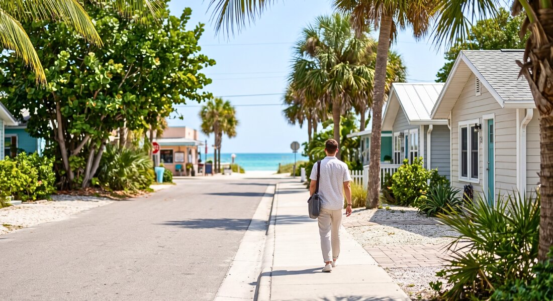 A remote professional walks toward the Gulf along a quiet Bradenton Beach neighborhood street.