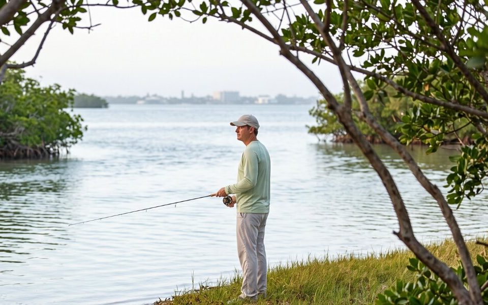 A lone angler fishes a quiet mangrove lined flat at dawn on Anna Maria Island.