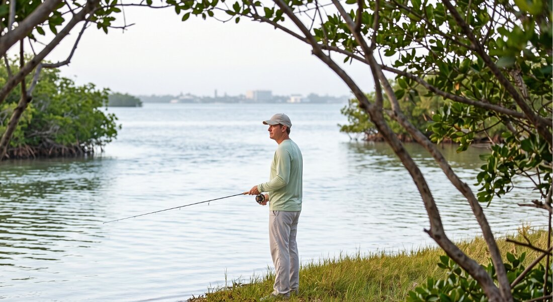 A lone angler fishes a quiet mangrove lined flat at dawn on Anna Maria Island.