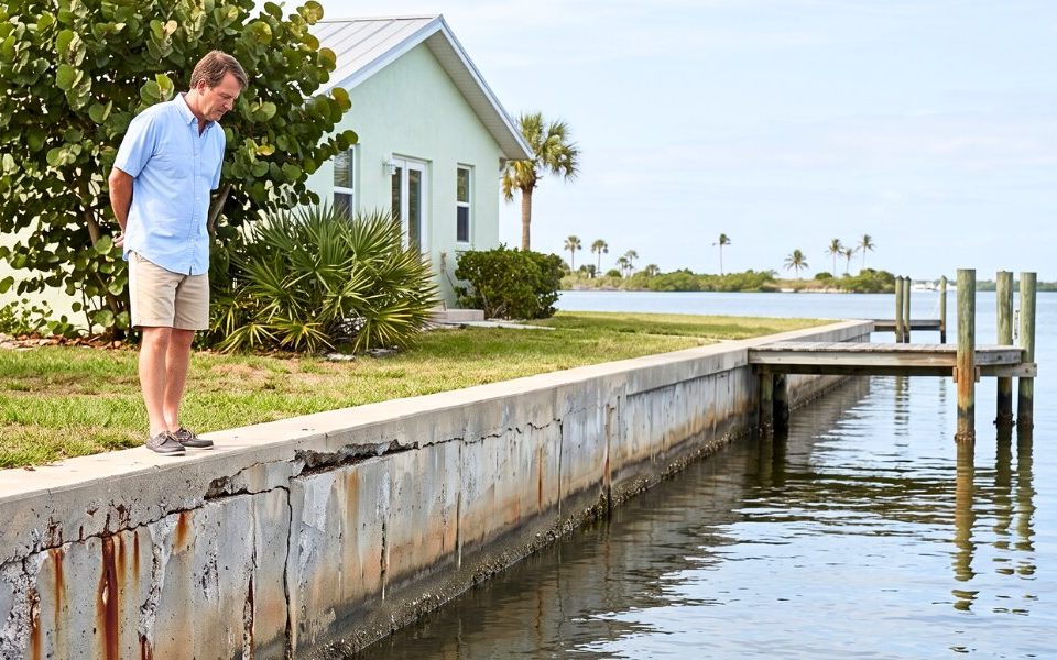 A homeowner examines a weathered seawall beside an Anna Maria Island waterfront property.