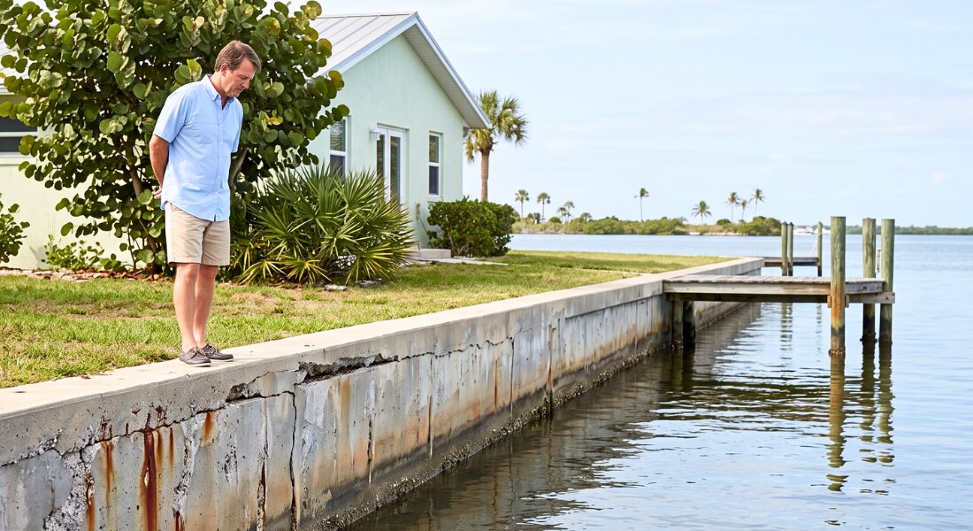 A homeowner examines a weathered seawall beside an Anna Maria Island waterfront property.