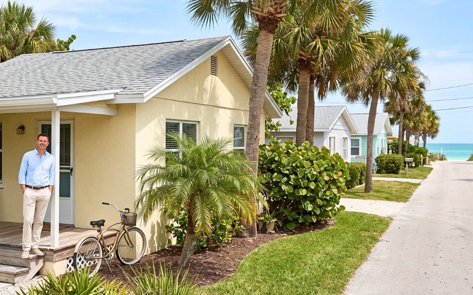 A modest Holmes Beach cottage with one buyer standing on its porch in bright coastal daylight.