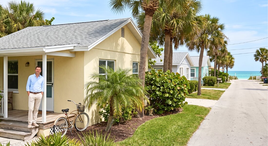 A modest Holmes Beach cottage with one buyer standing on its porch in bright coastal daylight.