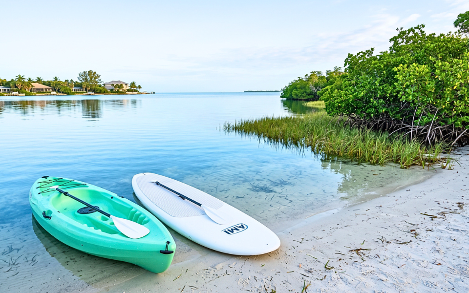 Kayak and paddleboard beside calm mangrove waters on Anna Maria Island