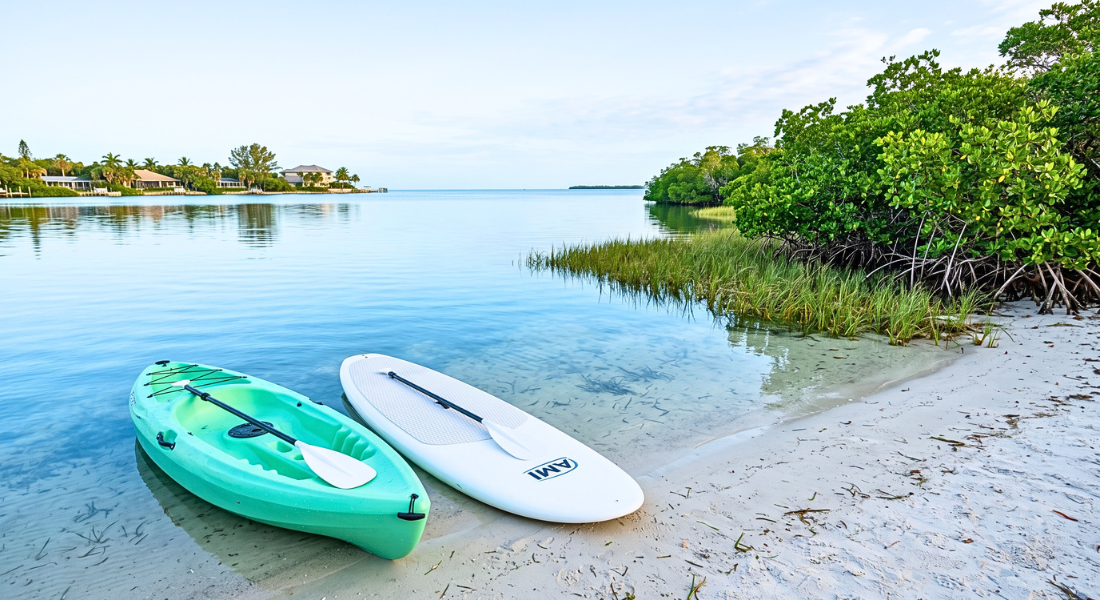 Kayak and paddleboard beside calm mangrove waters on Anna Maria Island