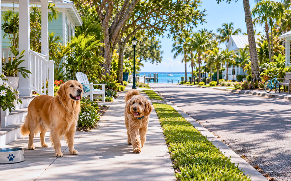 Two dogs on a quiet Anna Maria Island neighborhood sidewalk near coastal homes and bay water.