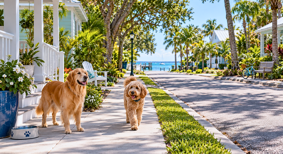 Two dogs on a quiet Anna Maria Island neighborhood sidewalk near coastal homes and bay water.