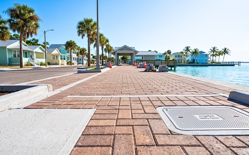 Anna Maria City Pier area with improved walkway and nearby coastal homes
