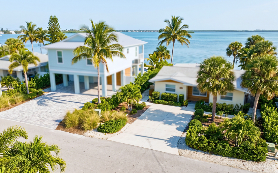 Elevated and ground level homes near the water on Anna Maria Island