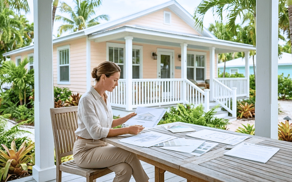 Homebuyer reviewing renovation plans and exterior color options outside an Anna Maria Island cottage