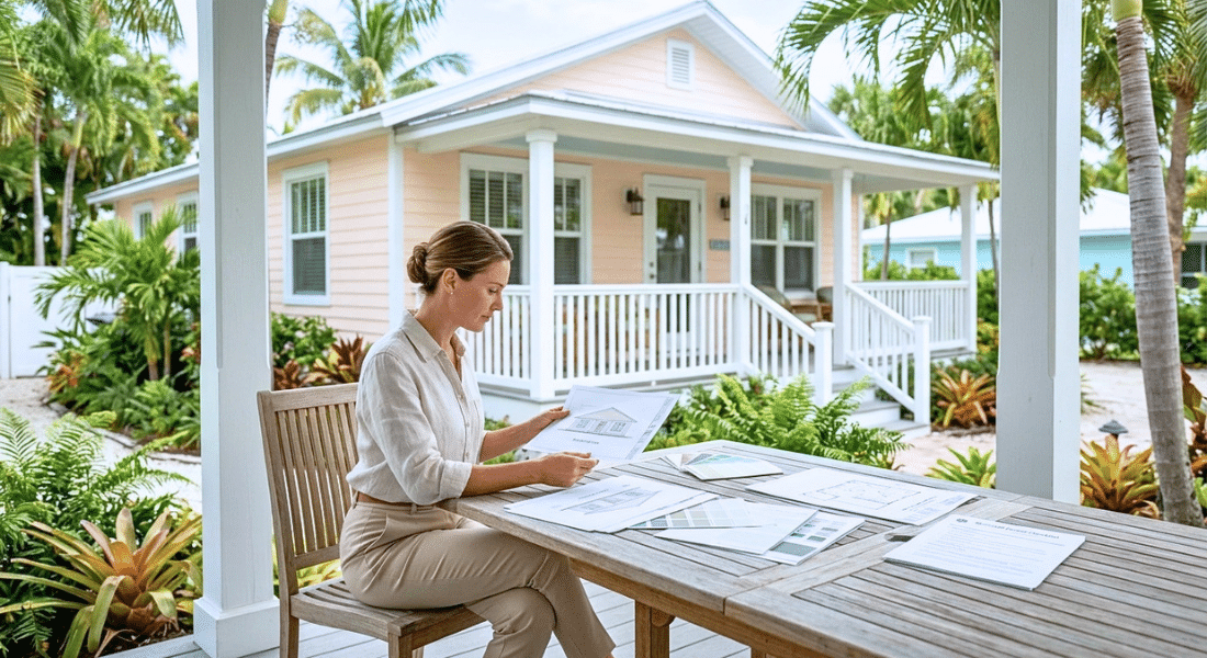 Homebuyer reviewing renovation plans and exterior color options outside an Anna Maria Island cottage