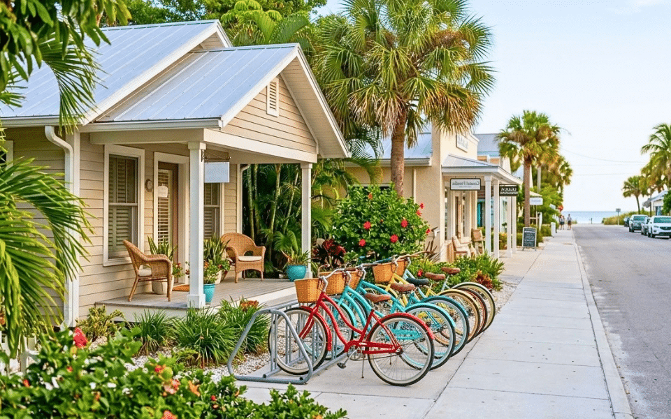 Quiet Pine Avenue neighborhood with coastal homes and local shops on Anna Maria Island in October