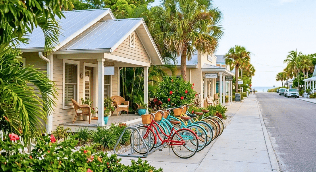 Quiet Pine Avenue neighborhood with coastal homes and local shops on Anna Maria Island in October